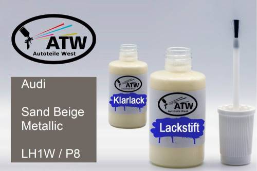 Audi, Sand Beige Metallic, LH1W / P8: 20ml Lackstift + 20ml Klarlack - Set, von ATW Autoteile West.